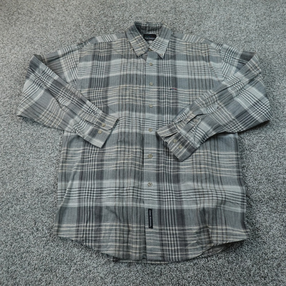 VTG Greg Norman Shirt Mens L Gray Plaid Herringbone Button Up Long Sleeve Golf